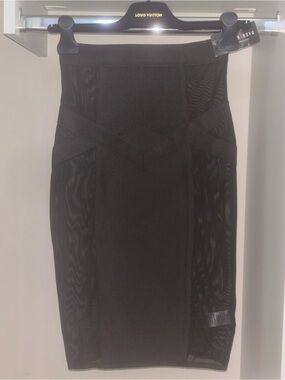 Black Bandage Midi Pencil Skirt Mesh Panels High Waist Bodycon NWT XS